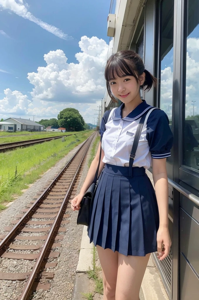 girls in rural station,train on far side,cumulonimbus cloud in summer sky,short-sleeved white shirt with sailor collar,navy blue pleated skirt,school bag,18-year-old,bangs,a little smile,thighs,knees,short hair with low pigtails bunches,from beside,front light