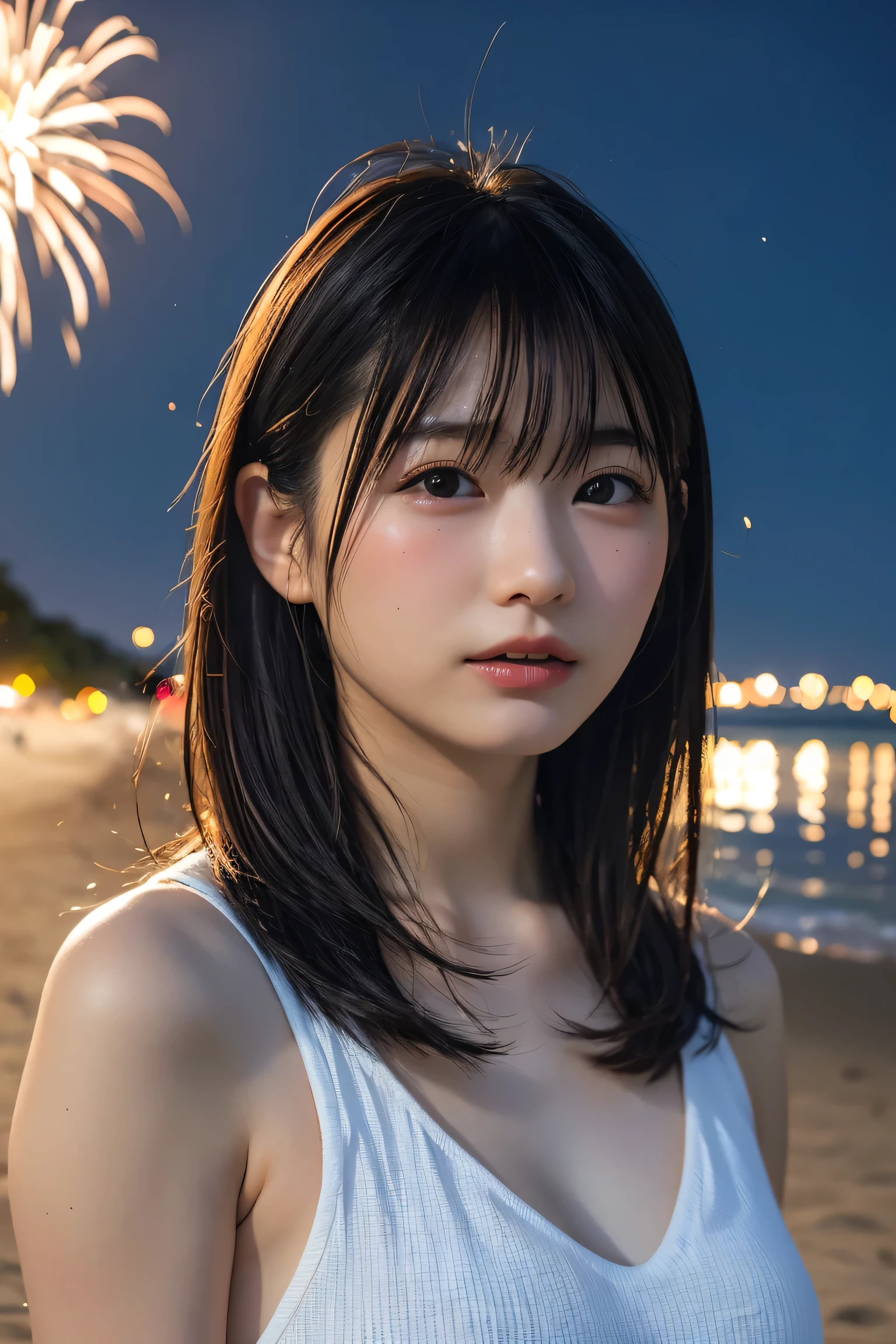 Japanese、Age 25、sister、Randomly generated people with diverse facial features and hairstyles、Perfect Anatomy,Ocean、Beach、firework、Night Sky、打ち上げfirework、目をOceanつぶる、Mature woman