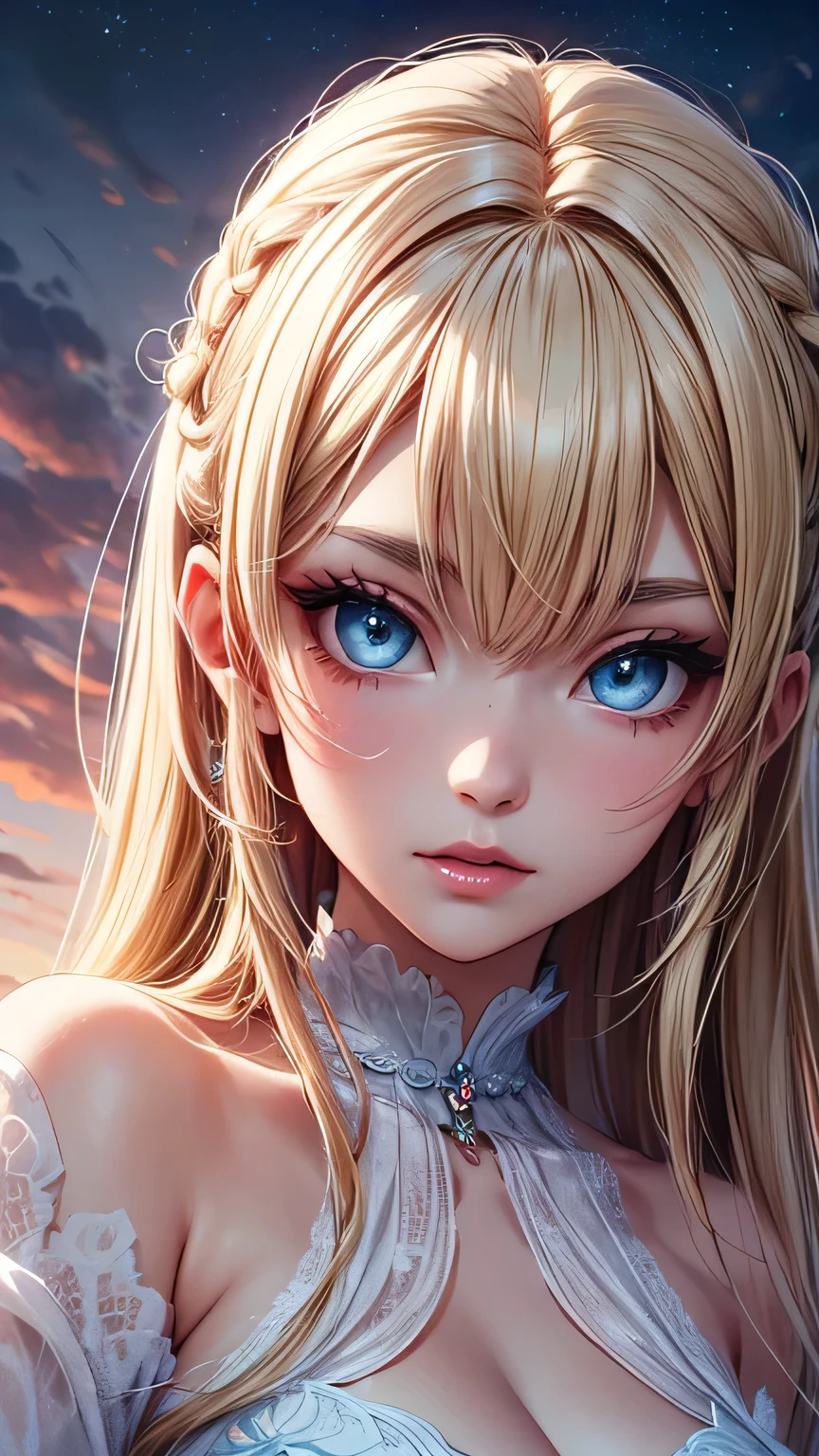 Woman in white dress, artwork in the style of Gwaiz, Gwaiz on pixiv artstation, Gwaiz on artstation pixiv, Gwaiz, Fantasy art style, Gwaiz masterpiece, (Very delicate and beautiful face), (Beautiful eyes in every detail), Beautiful and elegant queen, Beautiful character drawings, Detailed digital anime art, Blonde Princess, Sky blue eyes, Pink Lips