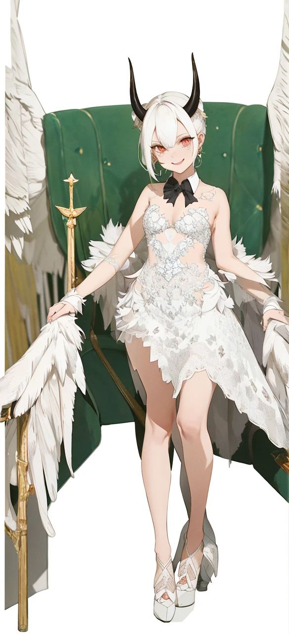 ((Masterpiece, Highest quality)), Detailed face, CharacterDesignSheet,full bodyesbian, Full of details, Multiple poses and expressions, Highly detailed, devil horns, Pupil of the slit, whitegloves, white dresses, exposed bare shoulders, Detached collar,, Black wings, Feathered wings, Low wing, cow boy shot, standing on your feet, ssmile, dungeon, evilsmile,