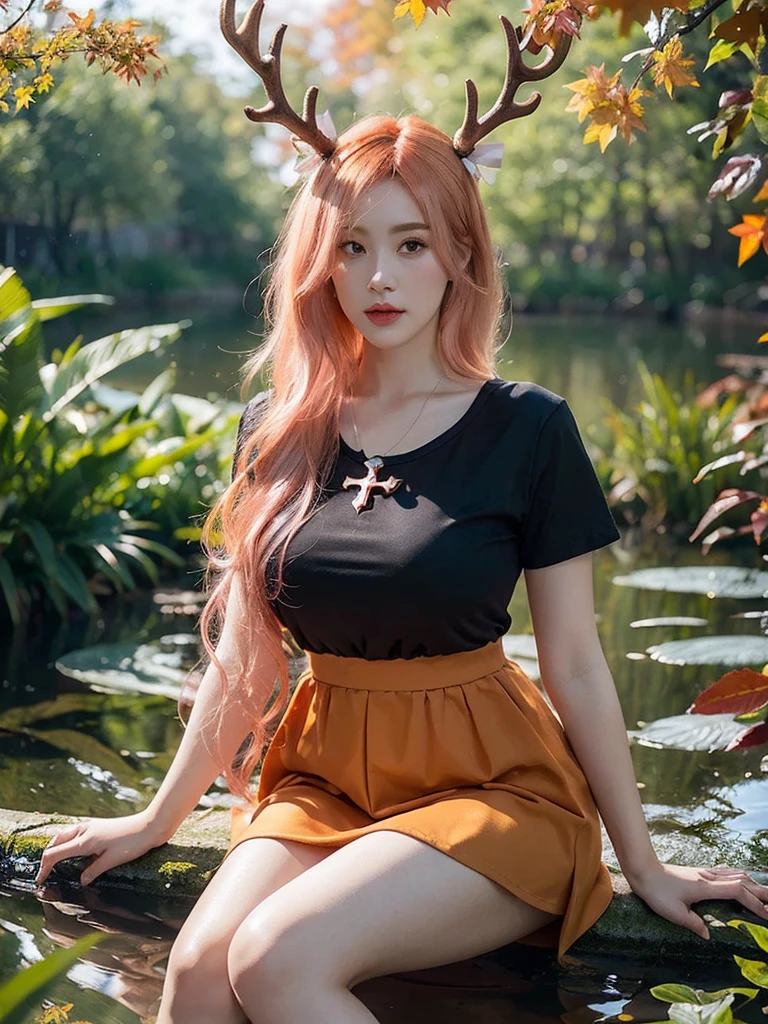 1girl, sitting, forest, messy dry hair, wide short sleeve, giant cross pendant, skirt, legging, one hand up, gold-trimmed sleeve, looking at viewer, pond, swamp, water surface, autumn weather, water stream, little waterfall, sitting on trunk, peaceful, dreamy lighting, water ripple, ultra detailed, beautiful and aesthetic, masterpiece, best quality, elegant, vivid colors, (realistic:1.3), (orange hair:pink hair:1.2), multicolored hair, gradient hair, voluminous hair, yellow eyes, maple antlers, hair ribbon, orange dress, sharp focus, gigantic breasts, (thick thighs:0.9), (obese body:0.8), (fat thighs:0.6), (wide hips:0.8),