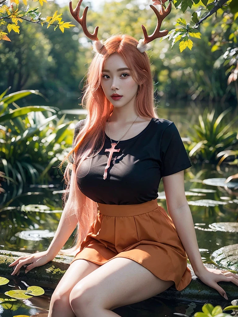 1girl, sitting, forest, messy dry hair, wide short sleeve, giant cross pendant, skirt, legging, one hand up, gold-trimmed sleeve, looking at viewer, pond, swamp, water surface, autumn weather, water stream, little waterfall, sitting on trunk, peaceful, dreamy lighting, water ripple, ultra detailed, beautiful and aesthetic, masterpiece, best quality, elegant, vivid colors, (realistic:1.3), (orange hair:pink hair:1.2), multicolored hair, gradient hair, voluminous hair, yellow eyes, maple antlers, hair ribbon, orange dress, sharp focus, gigantic breasts, (thick thighs:0.9), (obese body:0.8), (fat thighs:0.6), (wide hips:0.8),