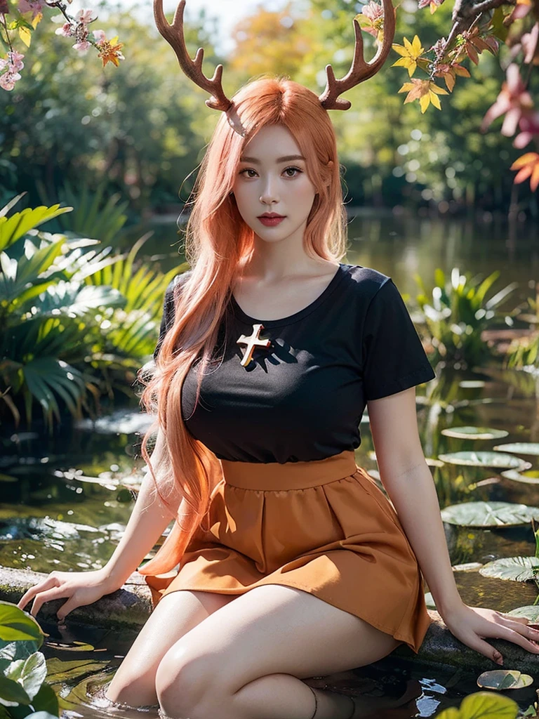 1girl, sitting, forest, messy dry hair, wide short sleeve, giant cross pendant, skirt, legging, one hand up, gold-trimmed sleeve, looking at viewer, pond, swamp, water surface, autumn weather, water stream, little waterfall, sitting on trunk, peaceful, dreamy lighting, water ripple, ultra detailed, beautiful and aesthetic, masterpiece, best quality, elegant, vivid colors, (realistic:1.3), (orange hair:pink hair:1.2), multicolored hair, gradient hair, voluminous hair, yellow eyes, maple antlers, hair ribbon, orange dress, sharp focus, gigantic breasts, (thick thighs:0.9), (obese body:0.8), (fat thighs:0.6), (wide hips:0.8),