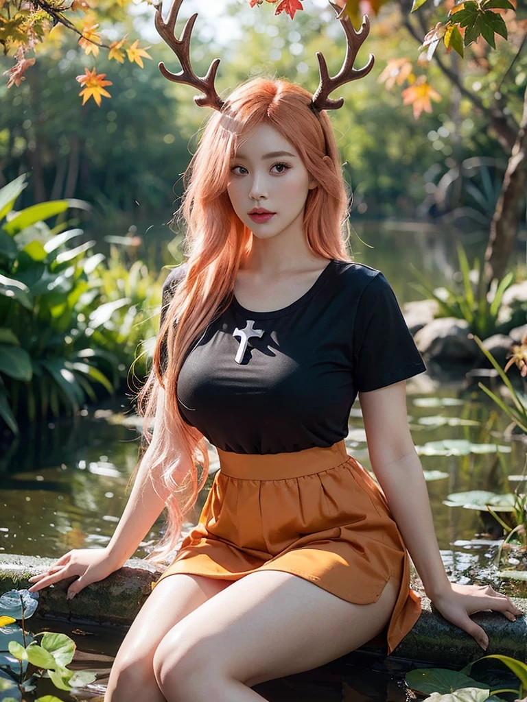 1girl, sitting, forest, messy dry hair, wide short sleeve, giant cross pendant, skirt, legging, one hand up, gold-trimmed sleeve, looking at viewer, pond, swamp, water surface, autumn weather, water stream, little waterfall, sitting on trunk, peaceful, dreamy lighting, water ripple, ultra detailed, beautiful and aesthetic, masterpiece, best quality, elegant, vivid colors, (realistic:1.3), (orange hair:pink hair:1.2), multicolored hair, gradient hair, voluminous hair, yellow eyes, maple antlers, hair ribbon, orange dress, sharp focus, gigantic breasts, (thick thighs:0.9), (obese body:0.8), (fat thighs:0.6), (wide hips:0.8),