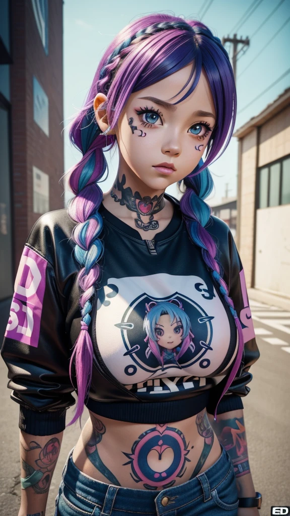 a close up of a 10 year old girl, huge breasts with tattoos on her face, colorful hair braided, trending on cgi society, digital art, render of a cute 3d anime girl, she is wearing streetwear, cute cartoon style, jojo anime style, ultra hd, 4k detailed
