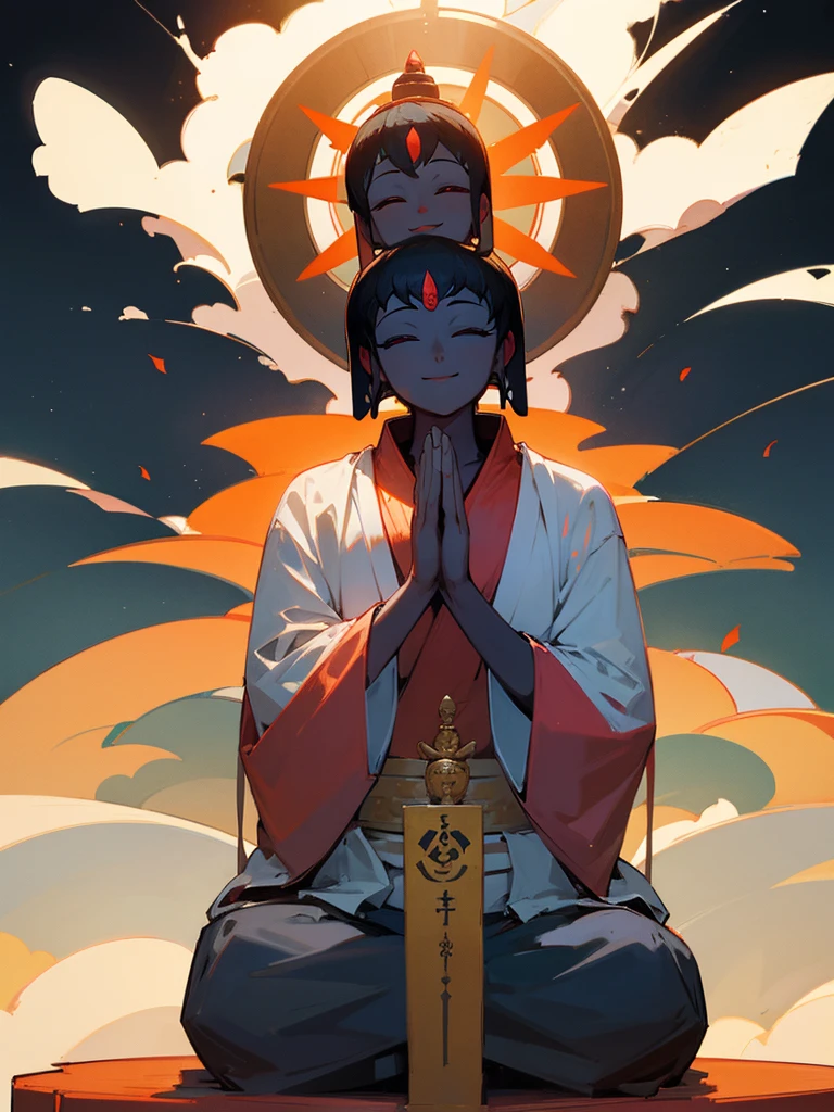 Amitabha Buddha smiling eyes closed buddha posture halo black hair hands together in prayer