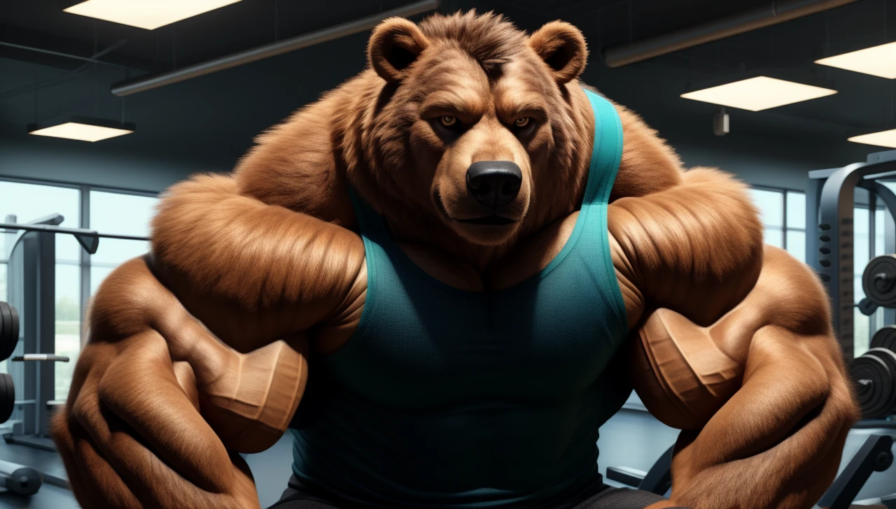 handsome guy, realistic, male focus, masculine, male, 1boy, european Brown bear, facial hair, (ultra_realistic), upper body, broad shoulder, black tank top, huge muscular_male, indoors, fitness room, gym, look looking at viewer,, (masterpiece,best quality:1.5)