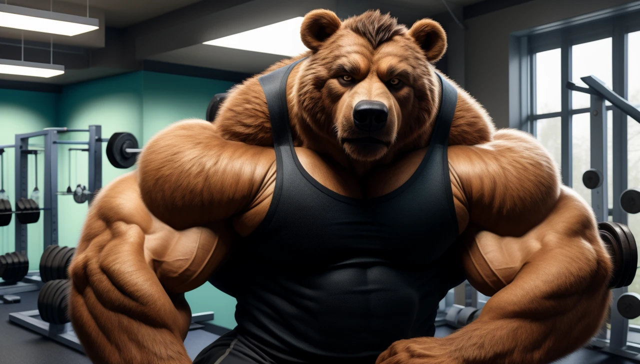 handsome guy, realistic, male focus, masculine, male, 1boy, european Brown bear, facial hair, (ultra_realistic), upper body, broad shoulder, black tank top, huge muscular_male, indoors, fitness room, gym, look looking at viewer,, (masterpiece,best quality:1.5)