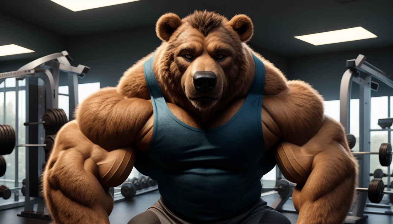 handsome guy, realistic, male focus, masculine, male, 1boy, european Brown bear, facial hair, (ultra_realistic), upper body, broad shoulder, black tank top, huge muscular_male, indoors, fitness room, gym, look looking at viewer,, (masterpiece,best quality:1.5)