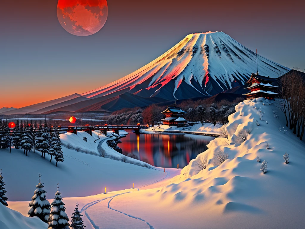 Feudal Japan Scenery, red moon, mount fuji, epic image, trees, moutain