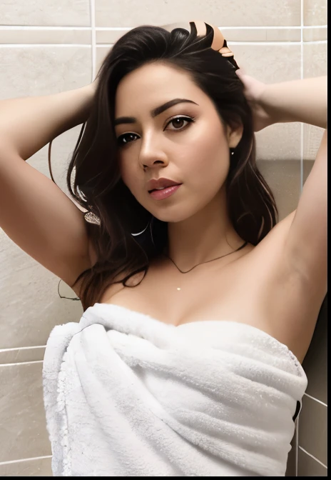 masterpiece, lifelike upper body image of AubreyPlaza, ((towel wrapped around breasts)), photo realistic, resting bitch face, frowning, highly detailed, detailed face, windswept, dramatic lighting, perfect eyes, on the floor of a bathroom 