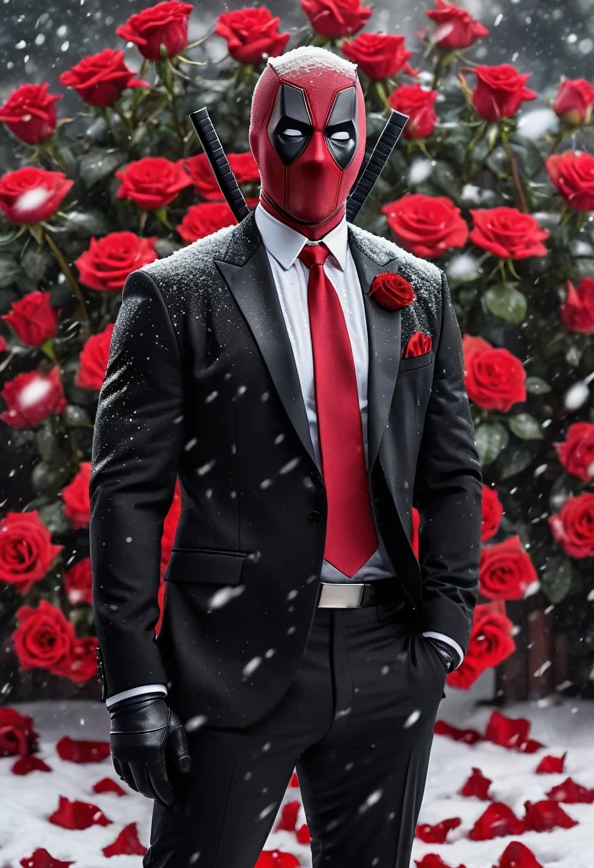 Deadpool in a black tuxedo, with a red tie, against a background of red roses under falling snow realistic photo