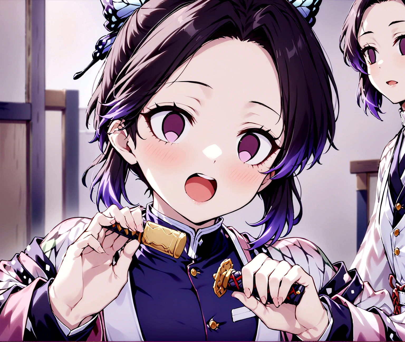 EFT_Shinobu, 1girl, kochou shinobu, demon slayer uniform, butterfly hair ornament, solo, hair ornament, weapon, sword, purple hair, multicolored hair, purple eyes, black hair, japanese clothes, gradient hair, haori, belt, katana, short hair, sheath, long sleeves, empty eyes, parted bangs, jacket, no pupils, bangs, white belt, blurry background, indoors, upper body, blurry
