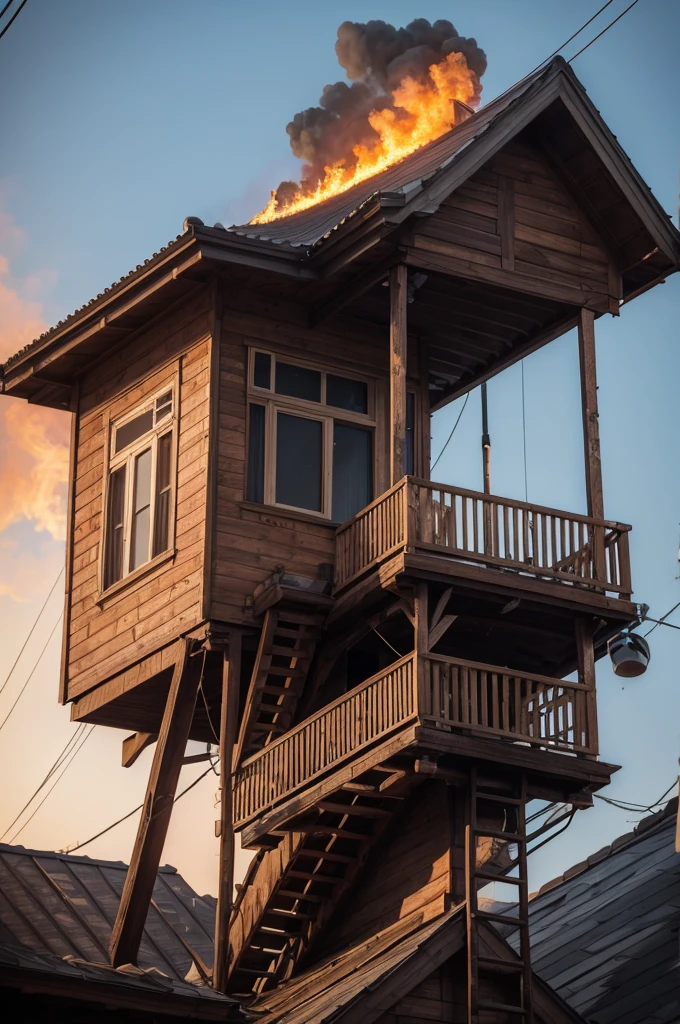 A dick on top of a house playing the drums on fire