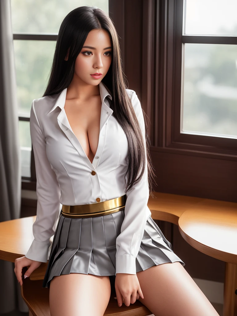 a 19 year old girl, she is the most beautiful actress in the world, the perfect body proportions of this girl, the upper of her body is clothed by formal shirt and blazer, bulge of clothed large breasts, her crotch area of the panties are hardly hidden by short skirt, her bare legs, it's seen just front of her body, it from just above her head to just below her shins are within one frame, she is standing, nsfw, best quality, highly detailed, masterpiece, ultra high res, photo realistic, 8k, RAW photo