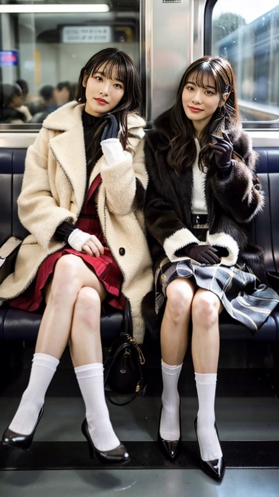 A photo of two mature Japanese gals with flashy hair wearing cute fur coats, pumps, and shiny, thin, short black leather gloves.,sitting cross-legged,Inside the train,Voyeur,Heavy makeup face eyeshadow,mascara,cross the her legs,Ultra-detailed face, open eyes,((Legs crossed)).Smelly plain black short socks, Ultra Mini Skirt,She looks at the photographer with an inviting expression.,School Bags,This photo was taken in daylight with soft lighting..、The girls are sitting on train seats.。. This photo was taken by someone on their cell phone..、Apparently it was posted on Snapchat.。. 