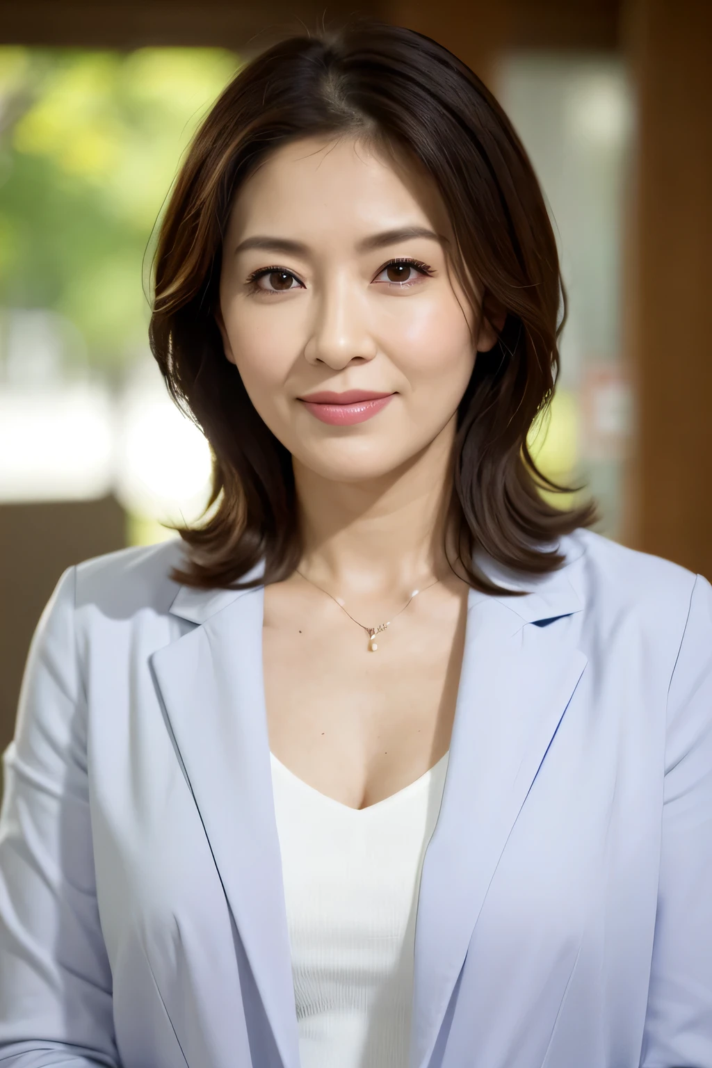 最high quality, In 8K, Masseter muscle area, Lifelike, Sharp focus, high quality, High resolution, Detailed face, Detailed eyes, Thick lips, (Look at the viewers), solo, Middle-aged women, Beautiful woman, Age 35, plum, Beautifully styled hair, Cleavage, White Lab Coat, nurse, An afternoon in front of the hospital garden
