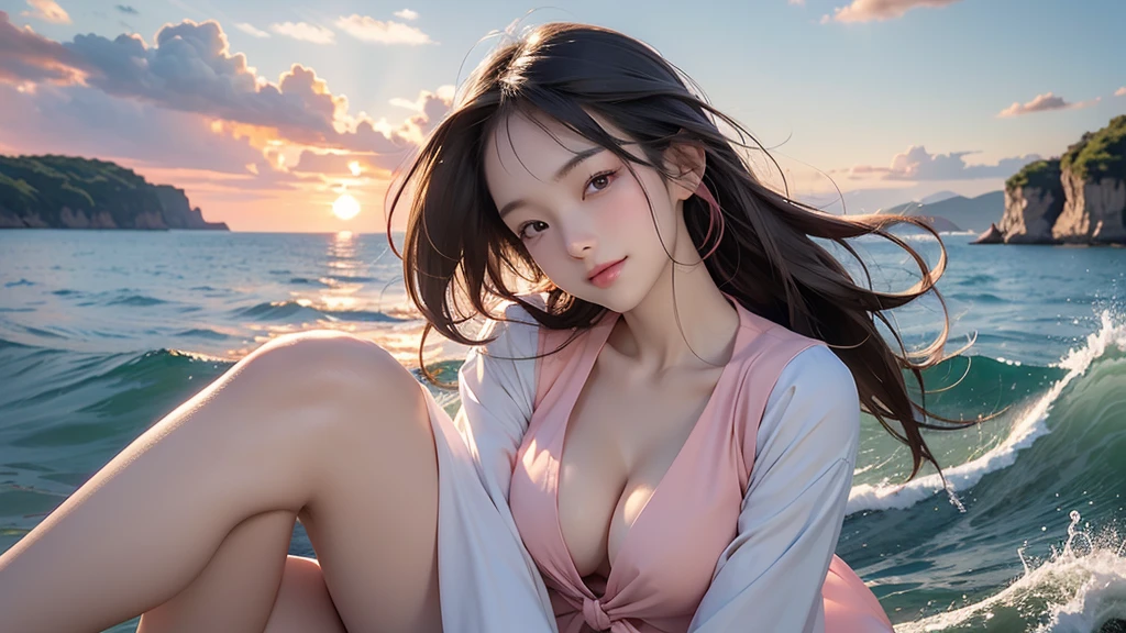 (8K、Raw photo、Highest quality、masterpiece:1.2)、Super detailed、Super Resolution、黒と赤のSailor suit、(Photorealistic:1.4)、View from above、Camera from the sky、camera angle seen from above、I look up and see this、High-quality images of animals frolicking in the water taken from an aerial camera、Full Body Shot、orange、pink、魅惑的なBeachの夕日が黄色と混ざり合い、Fill the sky。The clear sea gently touches the shore、8K Denden、Amazing details、Large file size、Highly detailed beautiful girls、Highly detailed face、Highly detailed eyes、Extremely realistic skin、 Highly detailed fingers, Highly detailed nose, Highly detailed mouth, Perfect Anatomy, Highly detailed background, Very elaborate clothing, , Cute Girls, Famous Japanese Idols, cute, Realistic body, thin, White skin, Glowing Skin, The body is slim, Straight long hair, (Blunt bangs:1.2), A vivid face, Delicate eyes, double eyelid, Sailor suit、Red tie、pinkのアイシャドウ、high school girl Miku Smiling Hair、after school Beautiful sunset Beach Brown Hair、 Young people Celebrity-level cuteness 複数のhigh school girlと戯れる 、With open arms、Today's Female Proofreader、(Heart mark under eye)
((((Emphasize cleavage))))