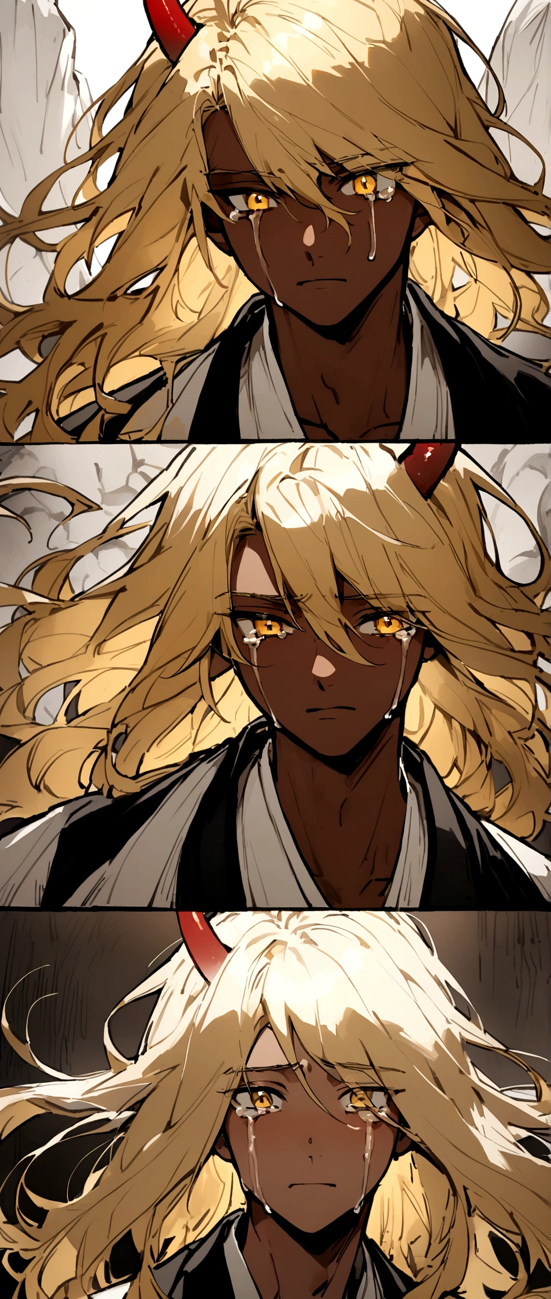 Beautiful young man with blond hair and dark skin, 17 years old, Yellow Eyes, A single red horn grows from the right side of its head...,Long flowing hair, Wearing traditional Korean clothing, I'm crying in frustration,He has a knife