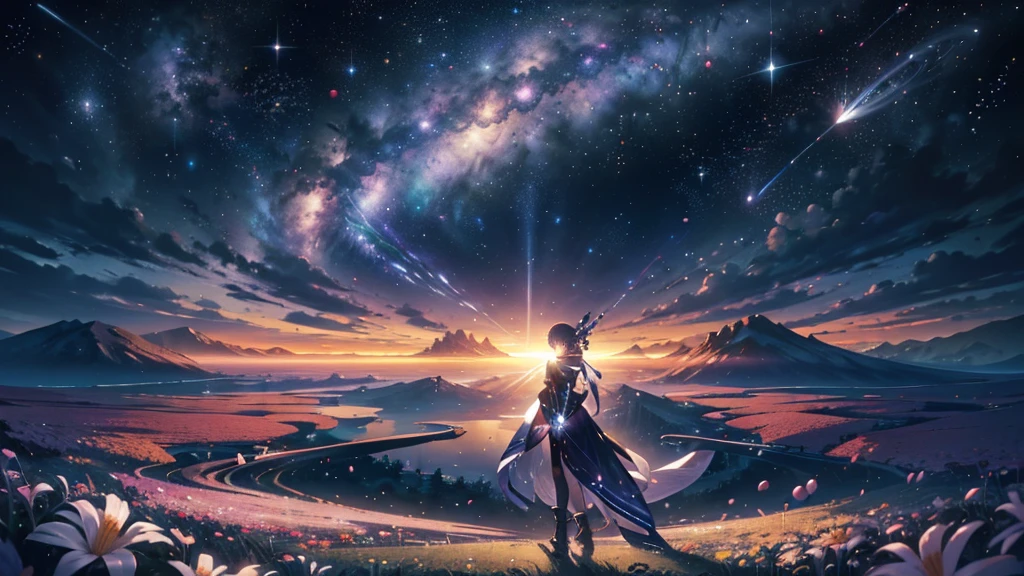 masterpiece、Concept Art、Panorama、central、figure、Wide Shot、Flower Garden、night、(meteor)、Space galaxy background、(壮大な構figure、epic proportion)、Dynamic lighting、Bright colors、