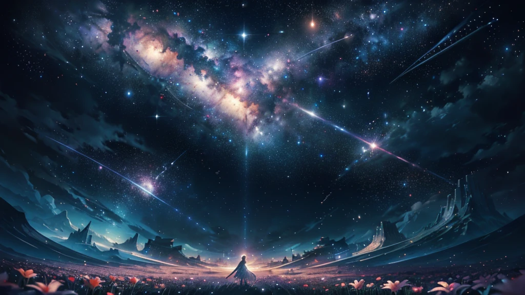 masterpiece、Concept Art、Panorama、central、figure、Wide Shot、Flower Garden、night、(meteor)、Space galaxy background、(壮大な構figure、epic proportion)、Dynamic lighting、Bright colors、