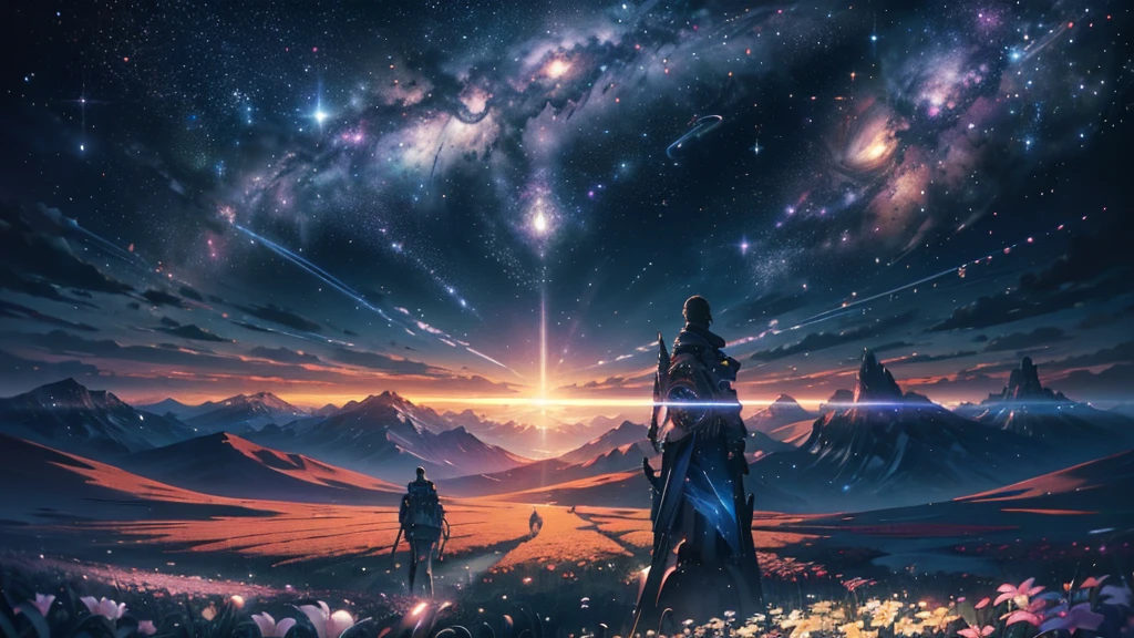 masterpiece、Concept Art、Panorama、central、figure、Wide Shot、Flower Garden、night、(meteor)、Space galaxy background、(壮大な構figure、epic proportion)、Dynamic lighting、Bright colors、