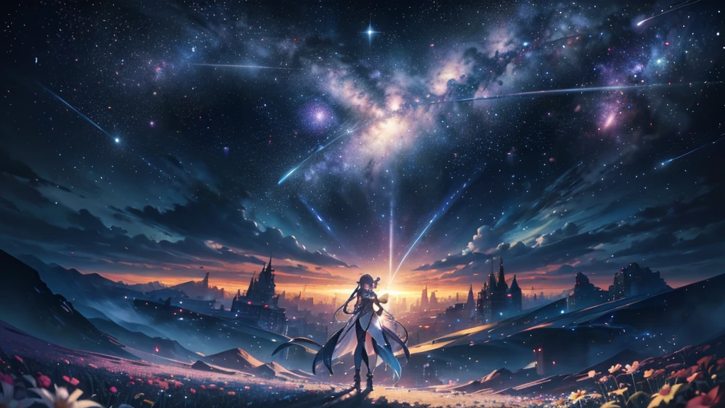masterpiece、Concept Art、Panorama、central、figure、Wide Shot、Flower Garden、night、(meteor)、Space galaxy background、(壮大な構figure、epic proportion)、Dynamic lighting、Bright colors、