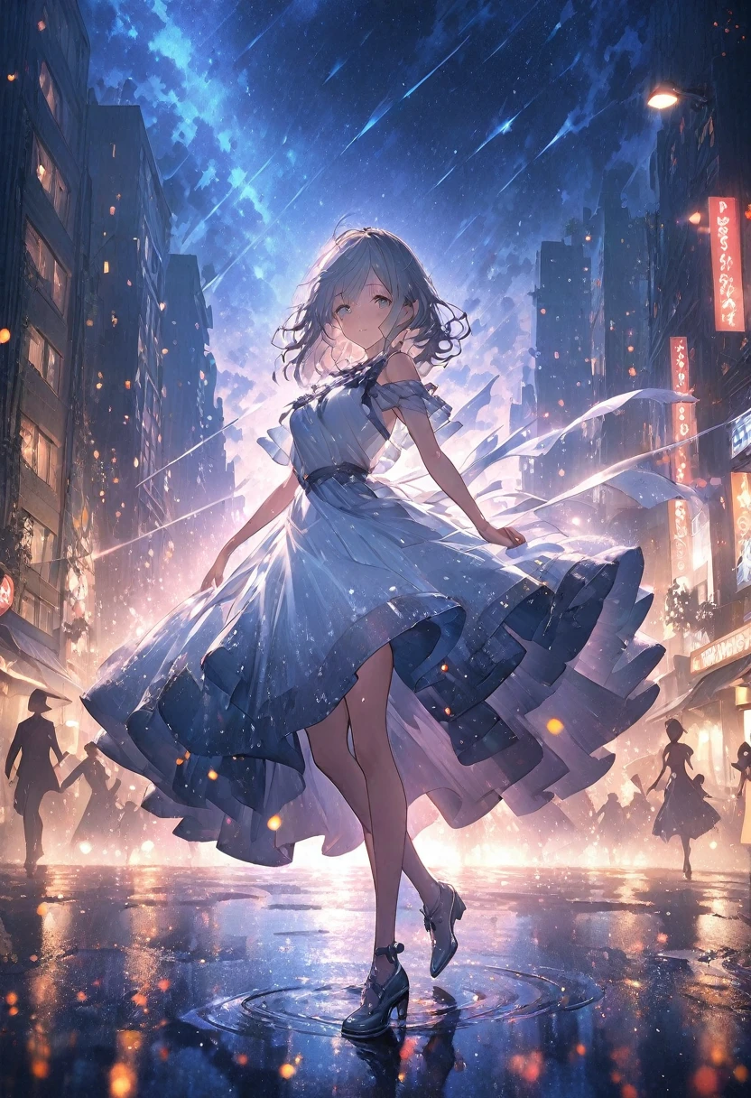 masterpiece, best quality, extremely detailed CG unity 8k wallpaper, A rainy night city. A silhouette illustration of a girl dancing without an umbrella. It looks like it's lit up like a spotlight by streetlights and moonlight. The cityscape is realistically depicted in precise, high-definition detail. The focus is on the girl and the background is blurred. Octane rendering style. Particles of light throughout.