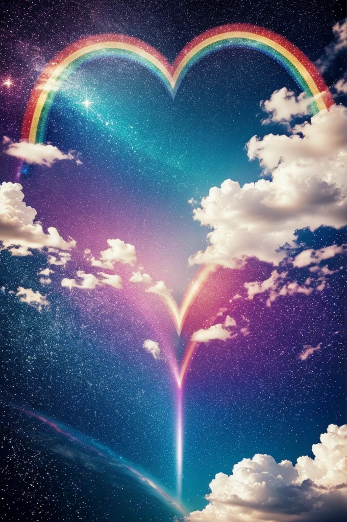 Heart with clouds and rainbows with glitter and stars