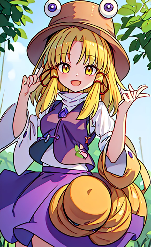 masterpiece,Highest quality,1 Girl,alone,Pokémon-like art style,(bold:1.6),(flat:1.5), gigantic breasts, MORIYA_SUWAKO_TOUHOU
BLONDE_HAIR, HAT, RIBBON, HAIR_RIBBON, VEST, SMILE, YELLOW_EYES, BANGS, RED_RIBBON, BROWN_HEADWEAR, PURPLE_VEST, SIDELOCKS, SHORT_HAIR