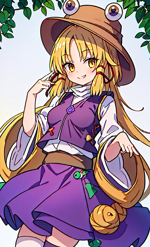 masterpiece,Highest quality,1 Girl,alone,Pokémon-like art style,(bold:1.6),(flat:1.5), gigantic breasts, MORIYA_SUWAKO_TOUHOU
BLONDE_HAIR, HAT, RIBBON, HAIR_RIBBON, VEST, SMILE, YELLOW_EYES, BANGS, RED_RIBBON, BROWN_HEADWEAR, PURPLE_VEST, SIDELOCKS, SHORT_HAIR