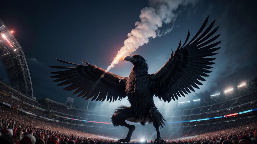 Create a high-definition image of a giant raven carrying a tiny Saci Pererê in its talons in the center of a packed stadium. The crowd is dressed entirely in white, cheering and waving their hands. The raven is majestic and imposing, with intricate feather details and a powerful presence. The tiny Saci Pererê, with his iconic red cap and one-legged stance, is held gently but firmly by the raven. The stadium is filled with vibrant energy, lights, and smoke effects, adding to the dramatic atmosphere. The background shows thousands of excited fans, creating a striking and surreal scene.