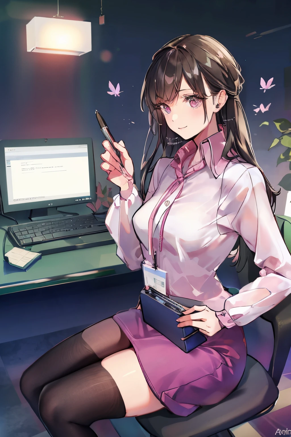 ((masterpiece)),((Highest quality)),((Ultra-high resolution)),((Highest Resolution)),((Highly detailed build)),((Anatomically correct)),((Professional Lighting)),At the office,((Composition seen from the front)),((Laboratory instrument)),((Observation equipment)),Amagi Shino,OL,breast enhancement, Focus,Multiple Monitors:1.5,Monitor showing numerical data,22 year old female secretary,pretty girl,Glasses,Sit on a chair,Pink blouse,Black pencil skirt with slit,Seductive thighs,With a fountain pen,smile,Looking at the camera,