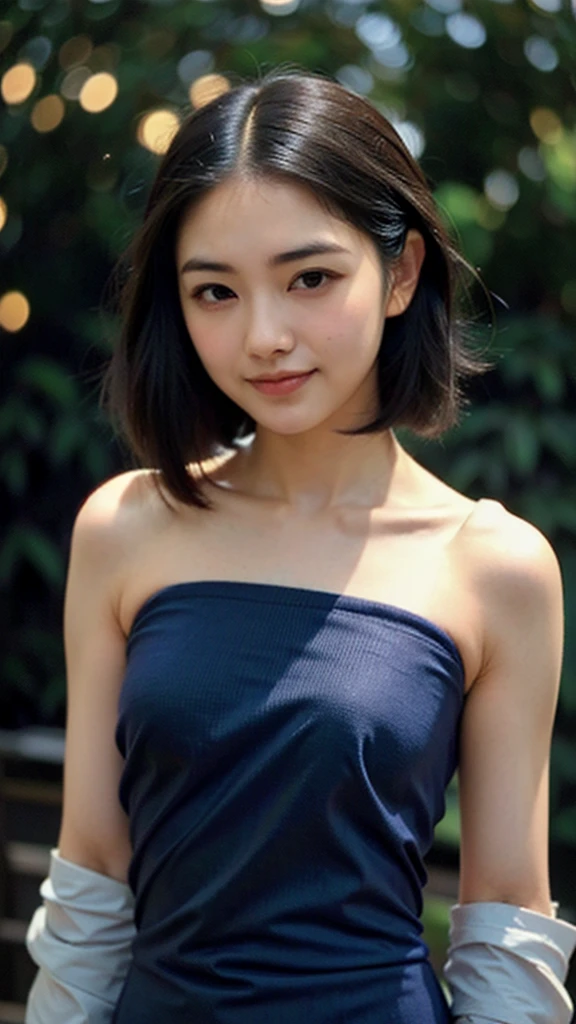 (1 woman:1.99)、(Wide forehead、Very short hair、Very small amount of hair、Forehead、Fuji frame:1.1)、Sunburn、17 years old、Naughty、Happy expression、満面のsmile、Weakness、love、I feel very comfortable alone、(Navy blue satin),((Very sleepy、Improves skin texture,smile、Narrow eyes、Very weak eyesight、Very weak eyeliner、Eyes slightly closed、I know the shape of your head、Oval Face))、(slicked back hair:1.25)、Photographic, Raw photo, Mastepiece, Highly detailed photos, Digital SLR, Photo-realistic 1.4, Super hello nothing, Best Quality,(standing、tilting your head、whole body:1.7)
