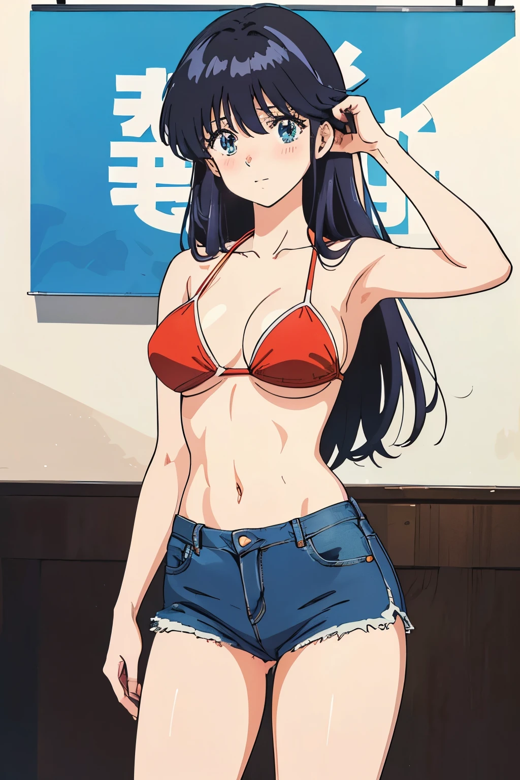 (masutepiece, Best Quality, High resolution:1.5, anime colours, megami magazine:1.2, anime poster style, anime keyvisual, sharp, 8k, photorealistic), (beautiful detailed eyes:1.5, beautiful detailed face:1.2), madoka ayukawa, 1girl, blush, (black hair, Long Hair), (sagging large breasts), (red bikini), denim short, cowboy shot, (Perfect detailed Anatomy, beautiful detailed hair, beautiful detailed body:1.2, shiny skin), (thick outline, Beautiful outlines, black outlines), simple background