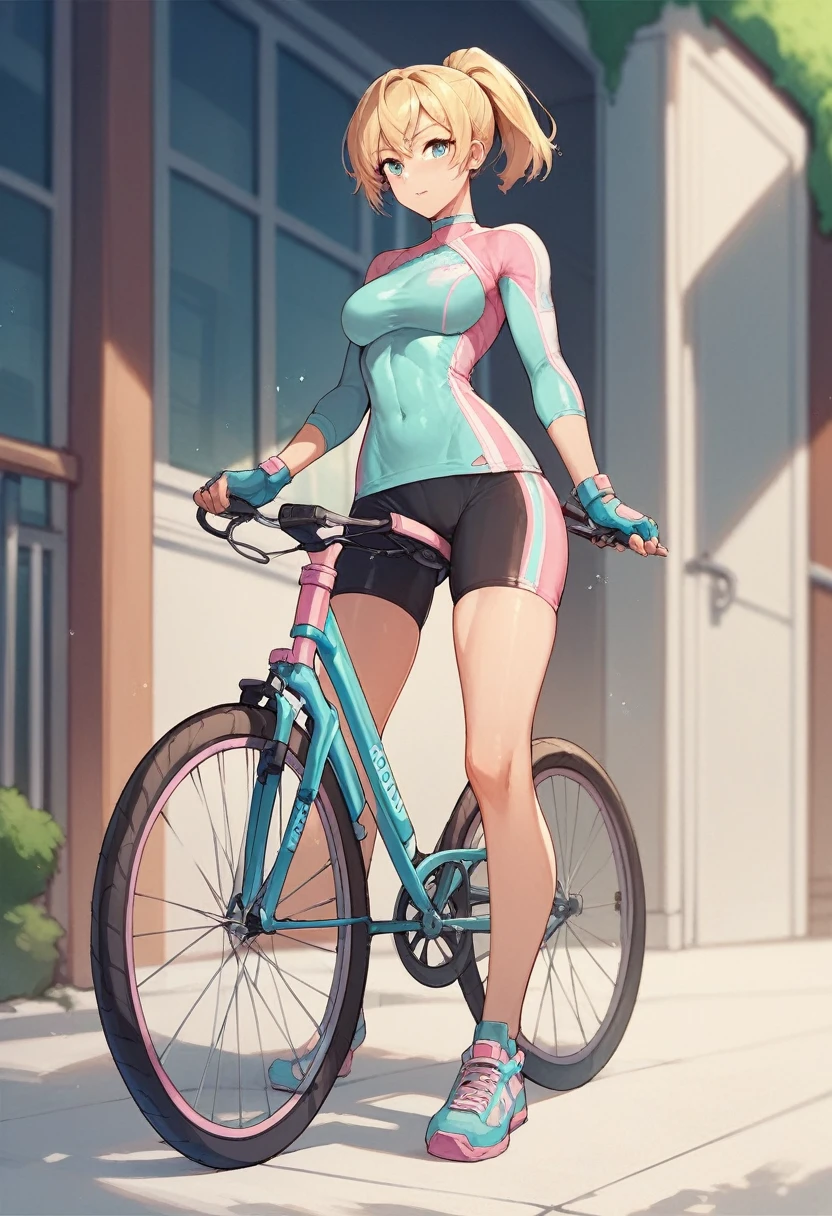 1girl, fixed gear bicycle, cyan bicycle, pink bike jersey, pink bike shorts, ((tight jersey)), ((tight long sleeves)), blonde hair, fingerless blue gloves, ((tight gloves)), full body, gloves, short hair, ponytail, standing, solo, looking at viewer