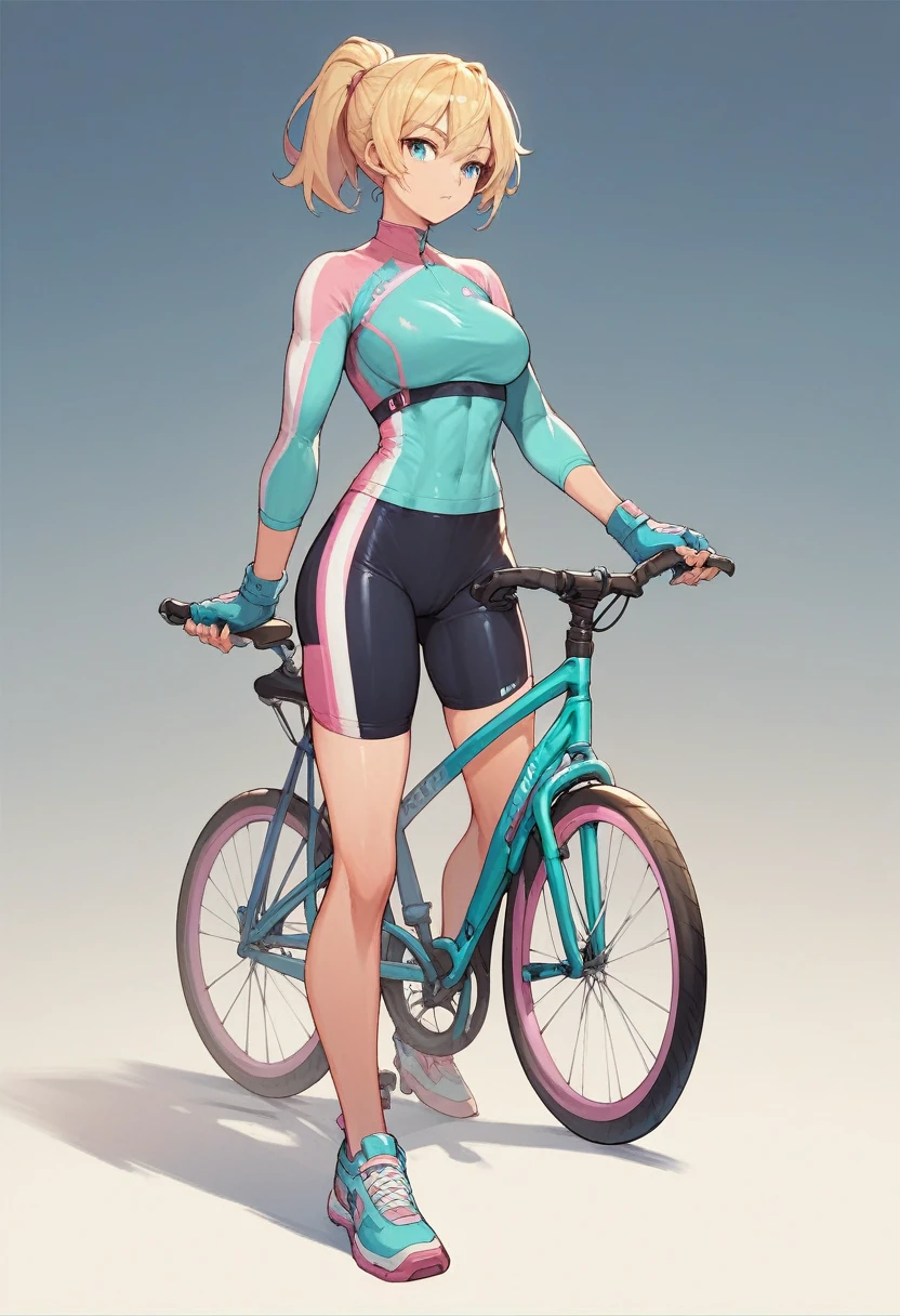 1girl, fixed gear bicycle, cyan bicycle, pink bike jersey, pink bike shorts, ((tight jersey)), ((tight long sleeves)), blonde hair, fingerless blue gloves, ((tight gloves)), full body, gloves, short hair, ponytail, standing, solo, looking at viewer
