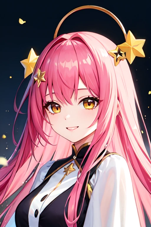 ((Highest quality)), ((masterpiece)), (detailed), One girl, Pink Hair、Long Hair、Yellow star hair ornament、Drooping eyes、Cute smile、Calm and cute clothes、Bangs splash outside