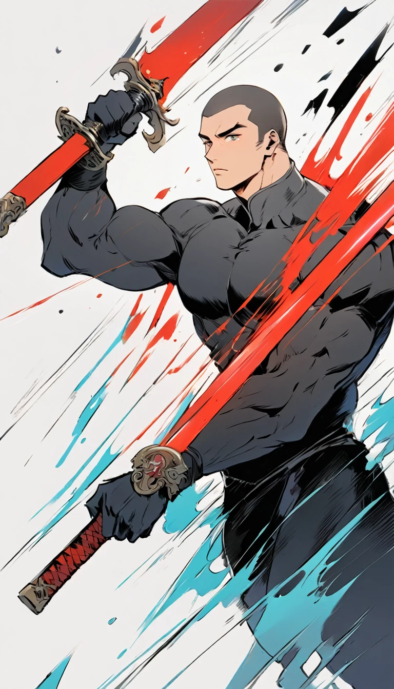 Chinese swordsman,Male swordsman,muscular,Short curly hair,Buzz Cut,Explosive muscles,Black spandex tights,Handsome,perfect pupils,Simple lines,Abstract Art,Holding a red long sword,