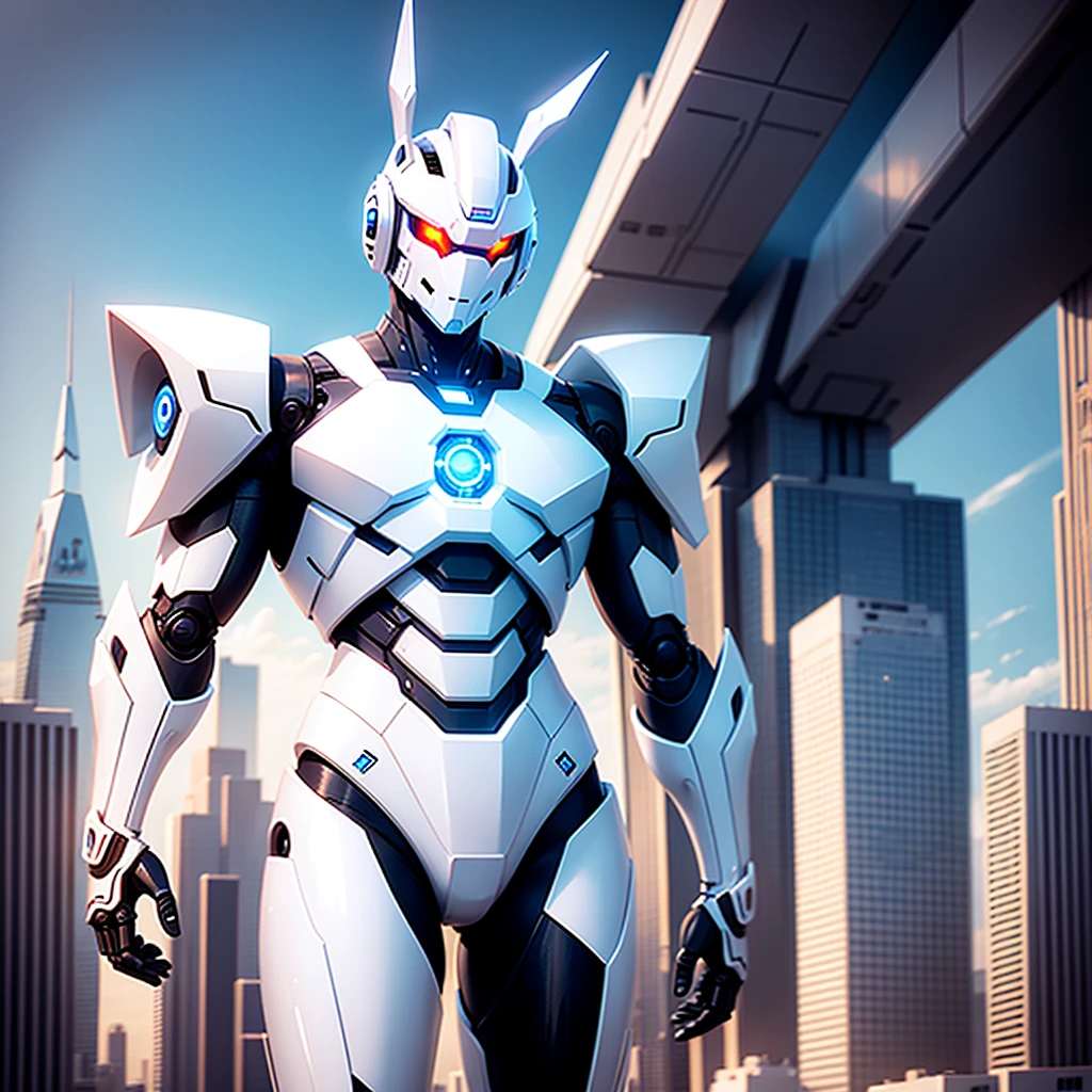 robot rabbit, White color, male gender, playa digital, with a futuristic city in the background,
