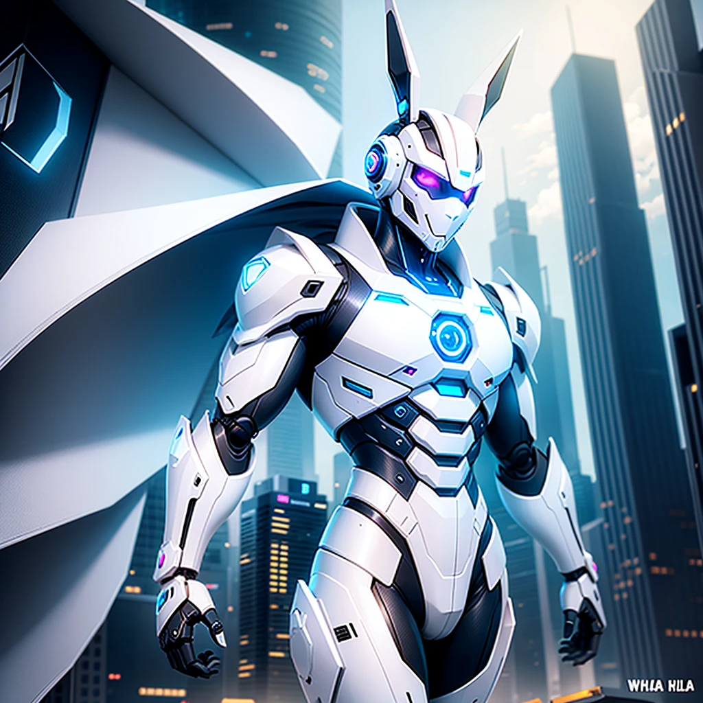 robot rabbit, White color, male gender, playa digital, with a futuristic city in the background,