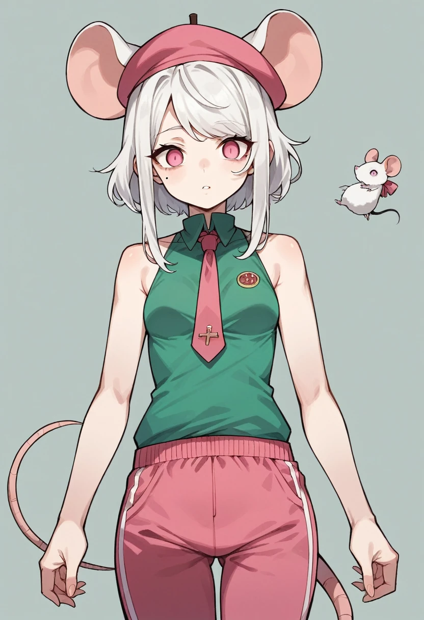 best quality, masterpiece, super high resolution, perfect anatomy, 1girl, white hair, short hair with long locks, swept_bangs,  white mouse ears, mouse tail, pink eyes, empty eyes, tsurime, mouse girl, small breasts, pale skin, mole_under_mouth,  bare shoulders, 23 years old, sleeveless shirt, green shirt, pink necktie, beret, pink pants,  track pants, incredibly absurdres,
