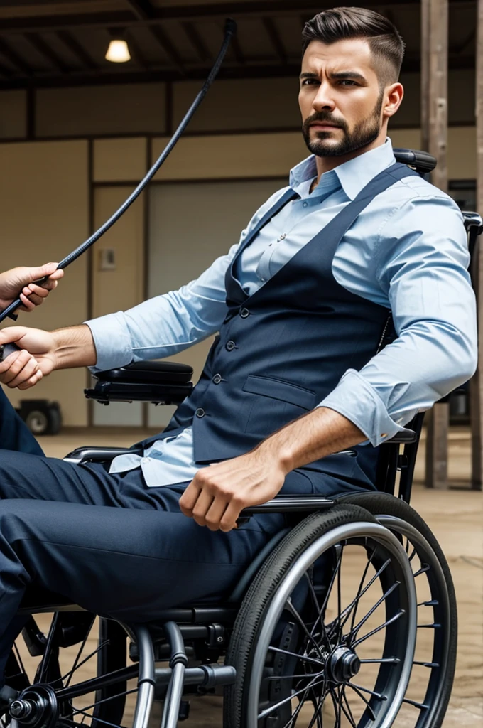 Create a man driving a wheelchair, while his boss hits him with a whip