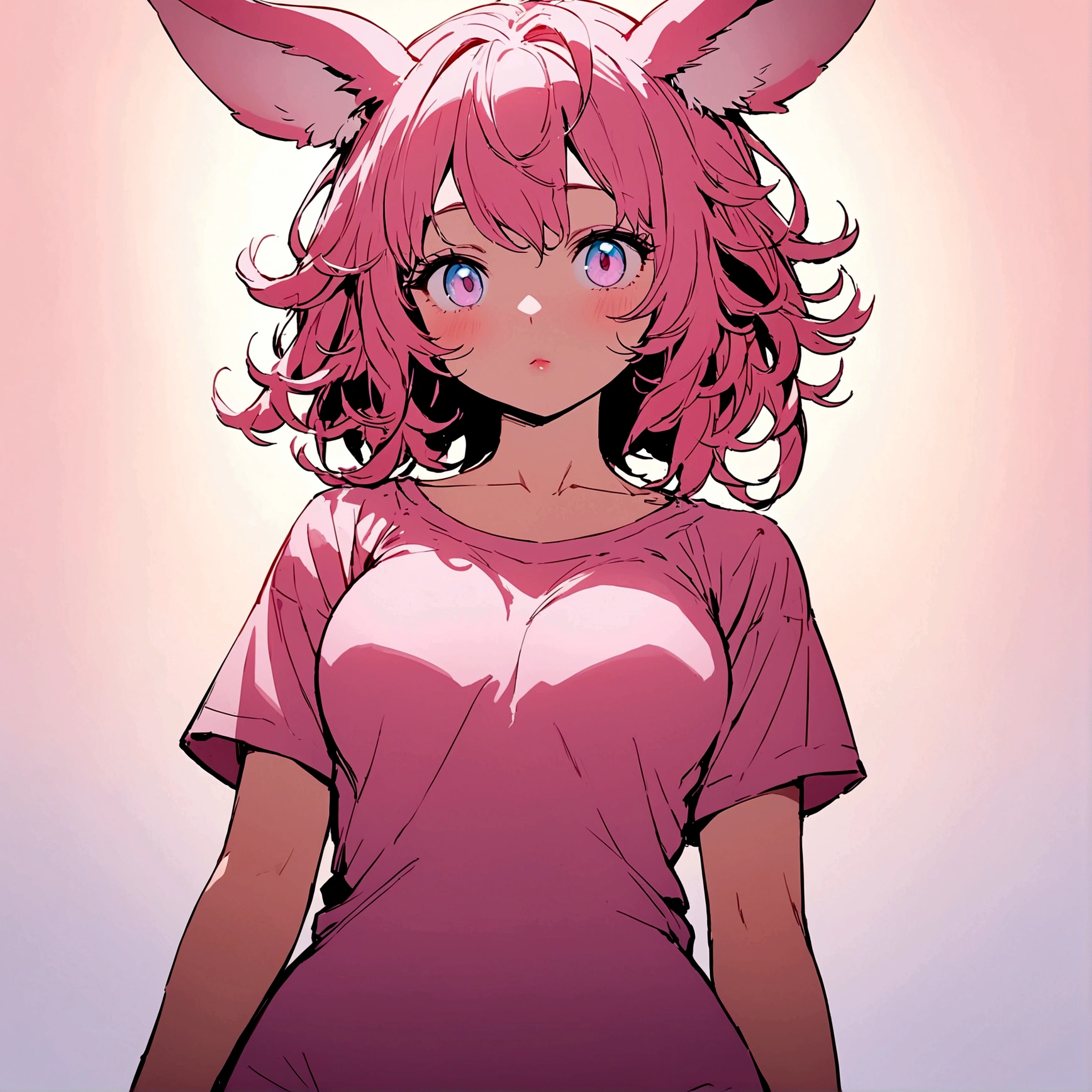 (Masterpiece),(Best Quality:1.1),(ultra detailed),best illustration,finely detail,(whole body:1.1),1 animal-girl, rabbit girl,Alone,13 years,Delgado,(extremely delicate and beautiful face),(Beautiful detailed eyes),thick pink lips, medium breasts, Wide hips, (messy hair),(wearing a tight pink t-shirt), (showing on colo) ,soft and lazy,(simple background:1.2)whole color background,Clear,4k