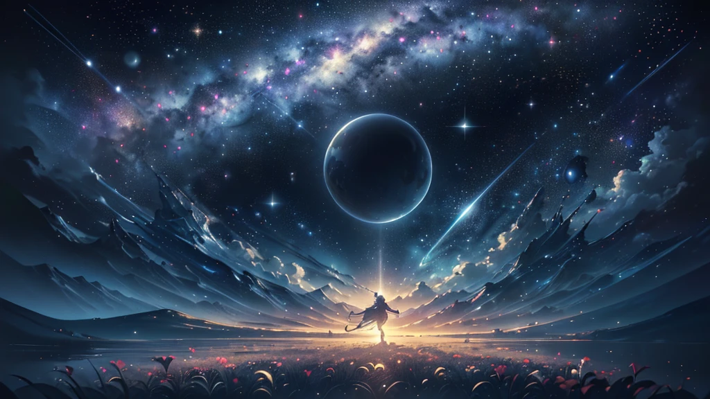  (((Highest quality、masterpiece、Ultra-fine、Ultra-fine、Exquisite、16K、Full HD,))) 、masterpiece、Concept Art、Panorama、central、figure、Wide Shot、Flower Garden、night、(meteor)、Space galaxy background、(壮大な構figure、epic proportion)、Dynamic lighting、Bright colors、