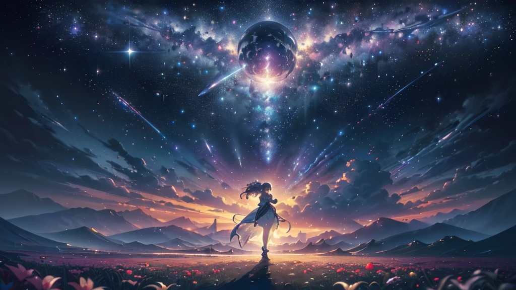  (((Highest quality、masterpiece、Ultra-fine、Ultra-fine、Exquisite、16K、Full HD,))) 、masterpiece、Concept Art、Panorama、central、figure、Wide Shot、Flower Garden、night、(meteor)、Space galaxy background、(壮大な構figure、epic proportion)、Dynamic lighting、Bright colors、