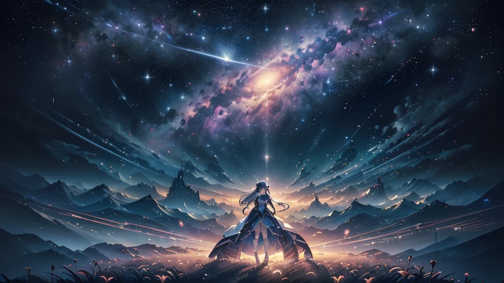 (((Highest quality、masterpiece、Ultra-fine、Ultra-fine、Exquisite、16K、Full HD,))) 、masterpiece、Concept Art、Panorama、central、figure、Wide Shot、Flower Garden、night、(meteor)、Space galaxy background、(壮大な構figure、epic proportion)、Dynamic lighting、Bright colors、