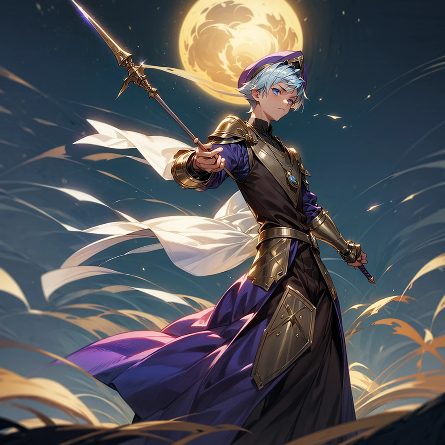 1boy, Full body version, 1character, blue eyes color, sad eyes, eyeliner, tan skin, classic fade haircut, almond eyes type, brown colour hair, medieval clothing style, breton hat, armor body, purple color clothing, silver necklaces, gold armor on hand, gold spear in hand, Grassroots background in field town, motion blur, plasma, fire, in night, moon, lighting fire, lighting moon, battle gesture, lighting Spear,