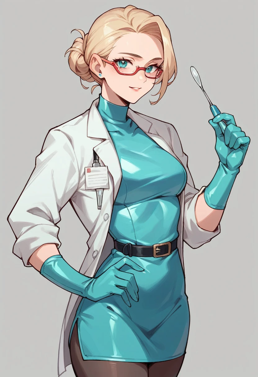 1girl, light hair, ((cyan gloves)), ((surgical gloves)), ((latex gloves)), ((long sleeves)) ((white surgeon outfit)), looking at viewer, ((doctor outfit)), standing, solo