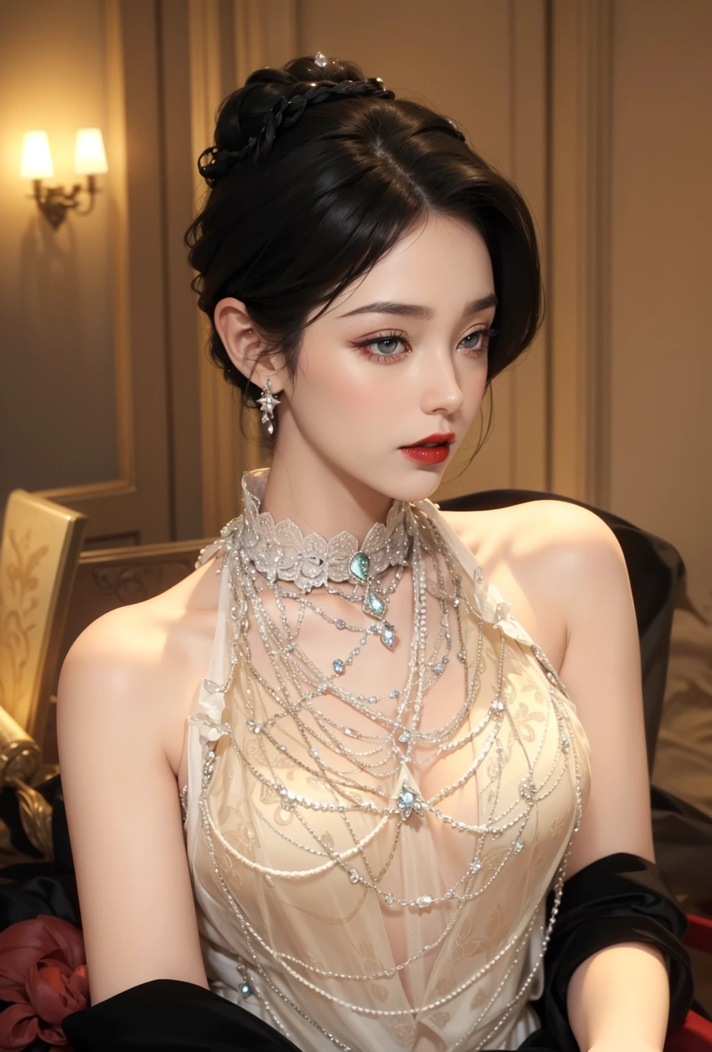 Imperial sister，Exquisite eyes，Frozen Queen，Put the crown on your head，Detailed facial expressions body，Tall and big，number，Leg length，4K，HD，meat，White translucent lace，Fair and plump figure，Pretty Face，Little cherry mouth，Beautiful and delicious（3D Royal Sisters），Glossy Gel Coat，Vampire Queen in luxurious robes，Crystal Gem Crown，Ultra-clear portrait photos(8K)，Dark eyeshadow，Sexy thick lips(Red lipstick)，
